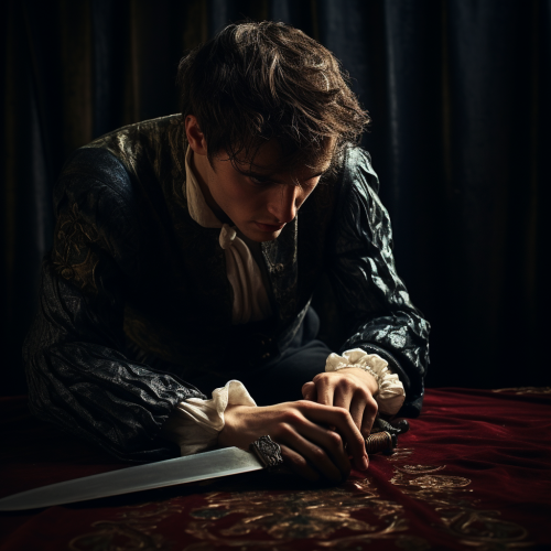 Man stabbing himself in the back with dagger