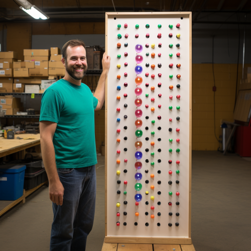 Man standing next to DIY Plinko board