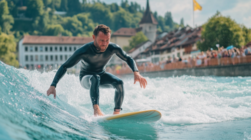 man surfing river in Thun, wearing wetsuit, summer day.