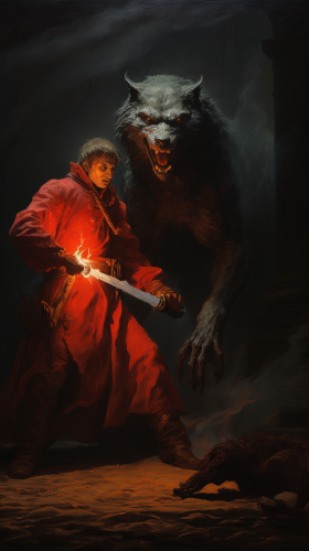 Man holding fiery sword facing werewolf