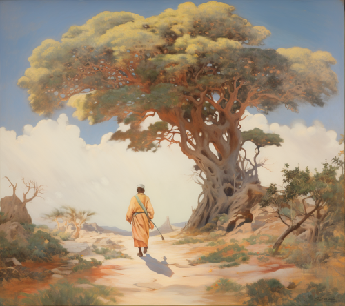 Man walking down a road with a tree Man walking down a road with a tree