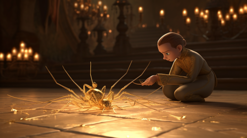 Man watching small spider in golden gown