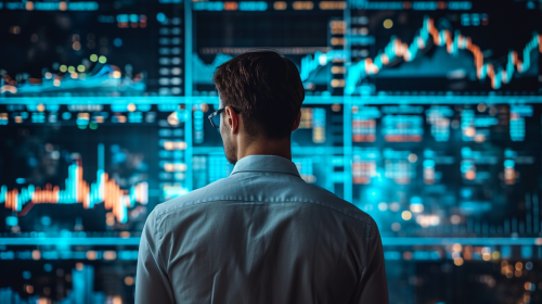 Man watching stocks on AI wall