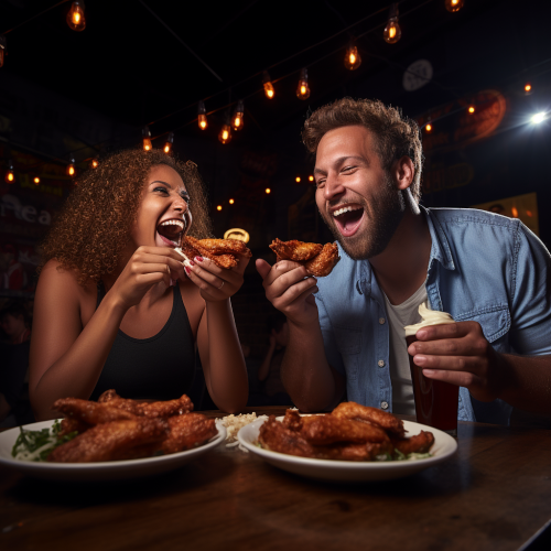 Man and woman enjoying saucy chicken wings