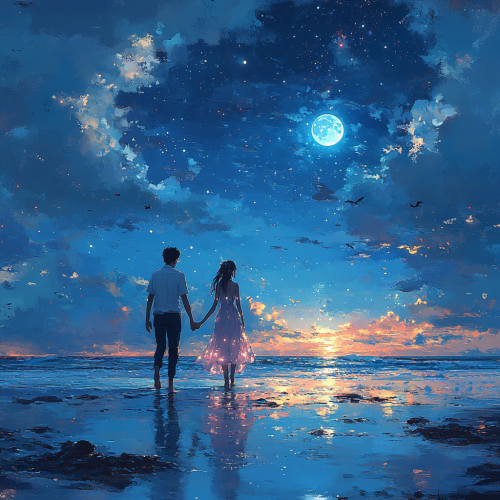 Man, woman in holographic gown beach