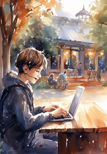 Man working on a laptop with children's book illustration