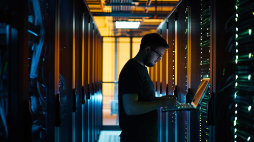 Man working on laptop with server racks background Man working on laptop with server racks background