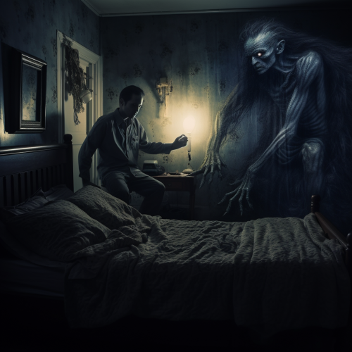 Man in Bedroom with Ghostly Hand