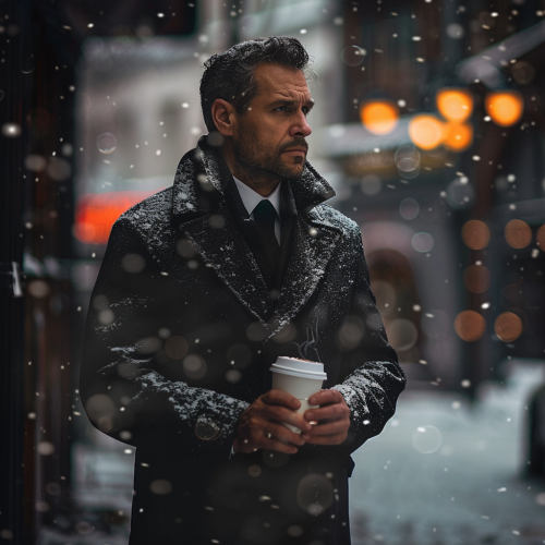 Man in Snow with Hot Coffee