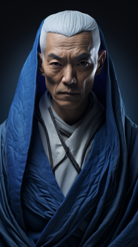 Cinematic 50-Year-Old Man with Tengu Brand Blue Cloak