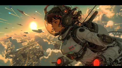Sci-fi manga illustration of female pilot in exosuit