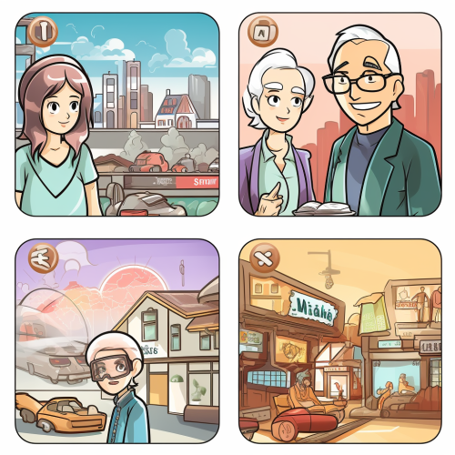 Manga themed icons for maps, analysis, presentation, and consumer targets