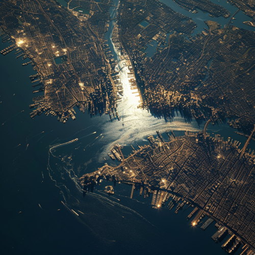 Satellite view of Manhattan Island with nearby meteor strike Satellite view of Manhattan Island with nearby meteor strike