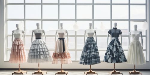 Four mannequins showcasing stylish skirts