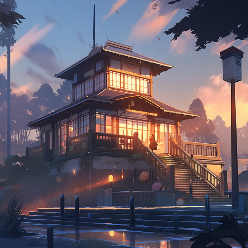 Scenic sunset at the mystical mansion temple dojo