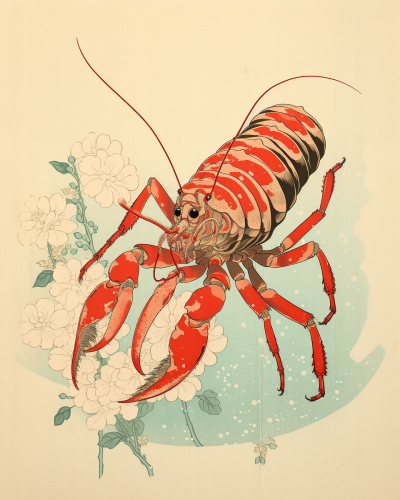 Colorful mantis shrimp ukiyo-e illustration