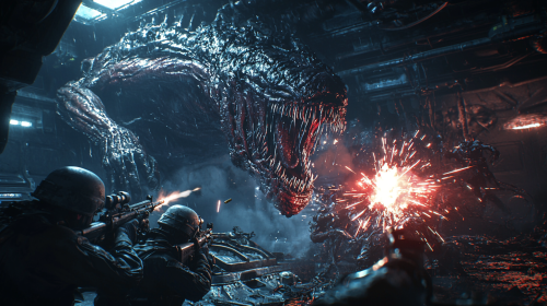 marines shooting submachine guns monster