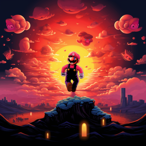 Mario chasing Princess Peach at sunset