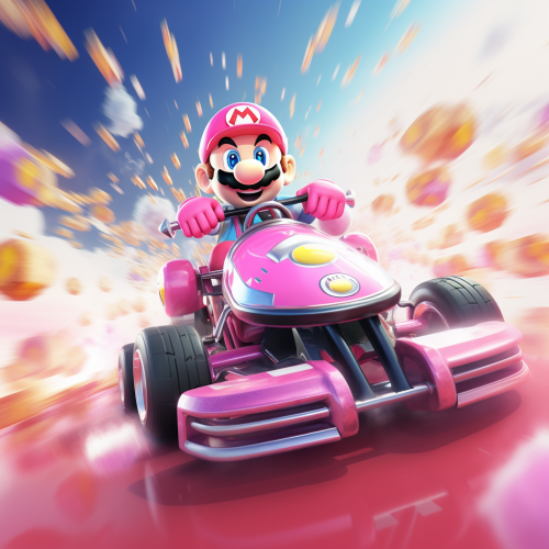 Colorful Mario Kart race on pink background with minimalistic art Colorful Mario Kart race on pink background with minimalistic art