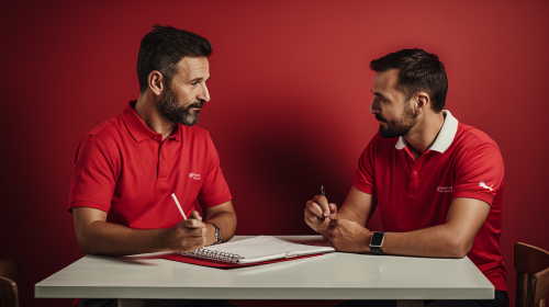 Group discussing marketing ideas in red polos Group discussing marketing ideas in red polos