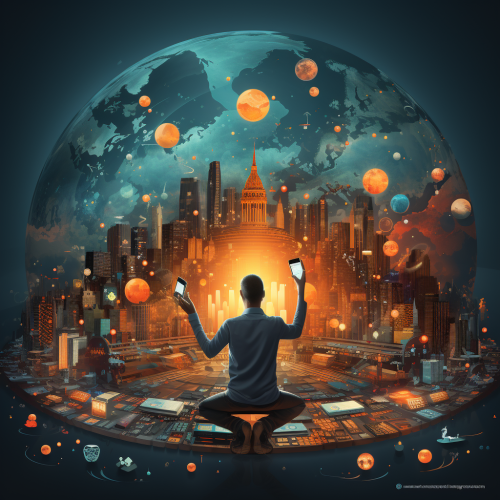 Hand pointing with digital marketing symbols