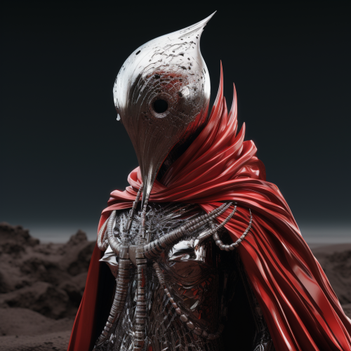 Cinematic mars alien bird with foil cloak and coral garments Cinematic mars alien bird with foil cloak and coral garments
