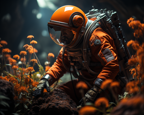 Astronaut cultivating vegetables on Mars