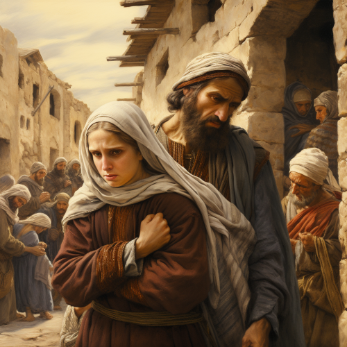 Mary and Joseph, pregnant girl, tired husband, crowded people