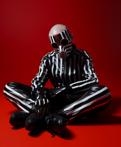 Person wearing mask and striped latex tracksuit recording on floor Person wearing mask and striped latex tracksuit recording on floor