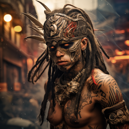 Tribal tattoos adorn post-apocalyptic Mayan warrior