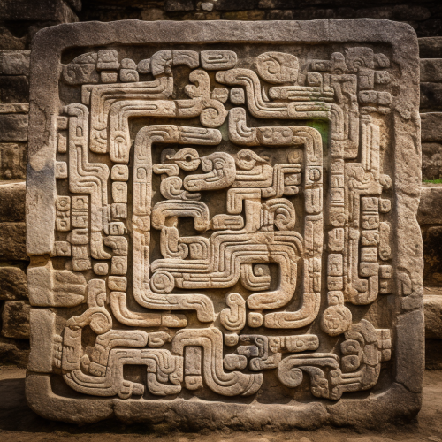 Mayan snake hieroglyph in stone with geometric patterns