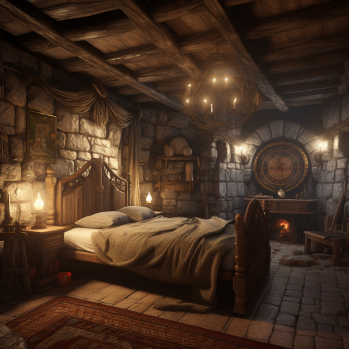 Cozy medieval basement bedroom interior Cozy medieval basement bedroom interior