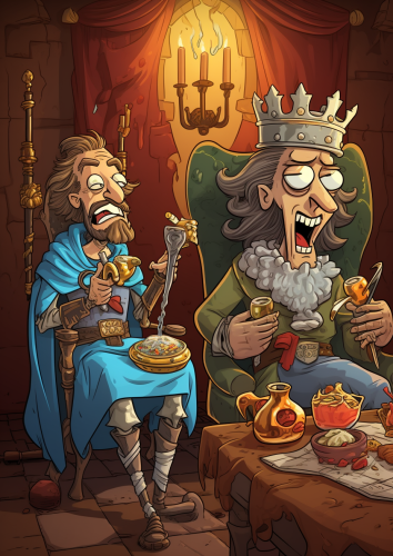 Cartoon-style medieval man feeding king