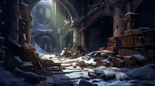 Medieval library ruins covered in snow