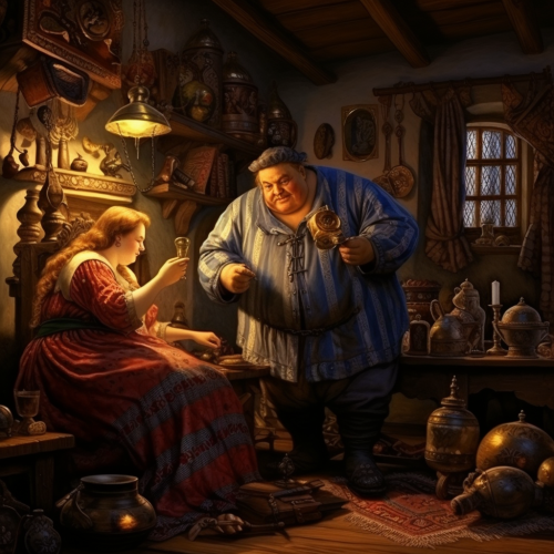 Medieval nobleman with his wife in bedroom