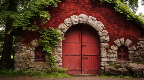 Small medieval red barn with closed doors