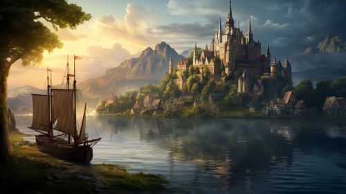 Medieval city with castle, forest, and seaside.