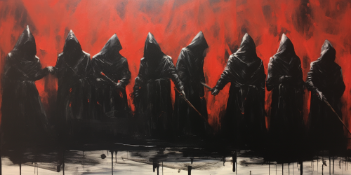 Medieval party cultists in bold brush stroke style