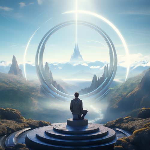 Meditation in futuristic landscape