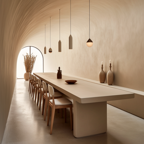 Modern Mediterranean Minimalist Dining Room with Long Table