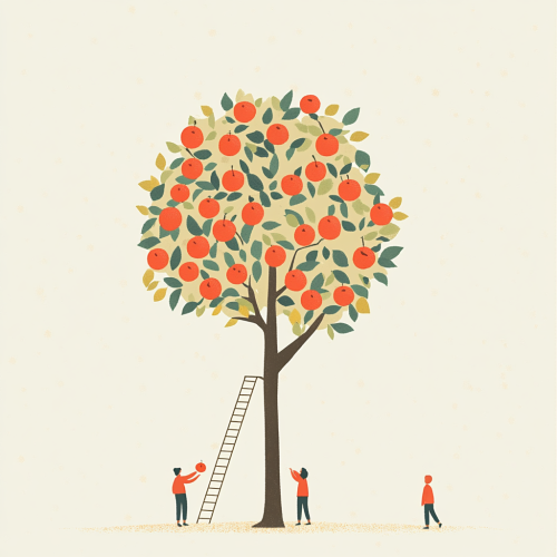 Three people reaching fruit tree