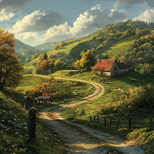 photorealistic image of cottages on beautiful hills 