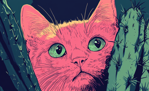 Pink kitty behind cactus illustration