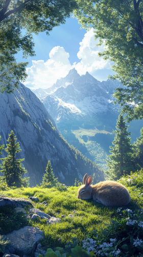Rabbit sleeping in mountain landscape