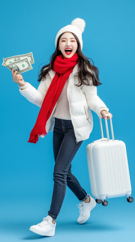 Fashionable Asian Woman With Money and Suitcase Fashionable Asian Woman With Money and Suitcase