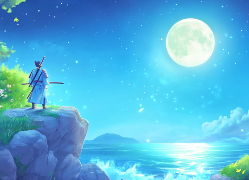 Samurai armor overlooking moonlit sea