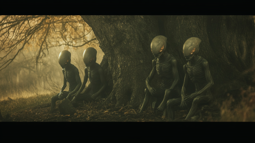 Small grey aliens talking to young humans