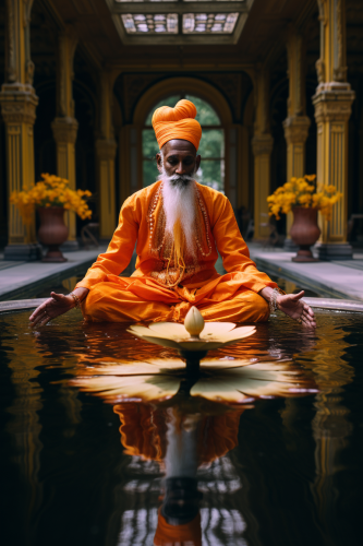 Indian saint placing fire bowl