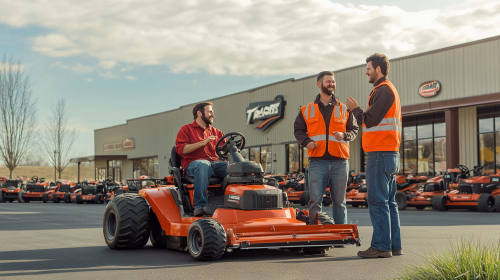 Two men at lawn mower store