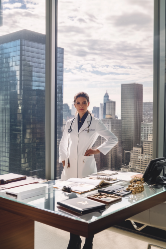 wealthy female doctor in upscale office with luxury items